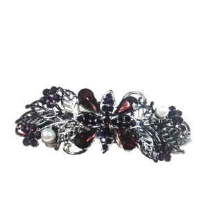 Burgundy Red Rhinestone Faux Pearl Dark Silver Tone Filigree Hair Barrette